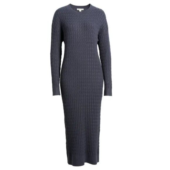 TREASURE & BOND Cable Stitch Long Sleeve Midi Sweater Dress In Navy Armada - Picture 3 of 11